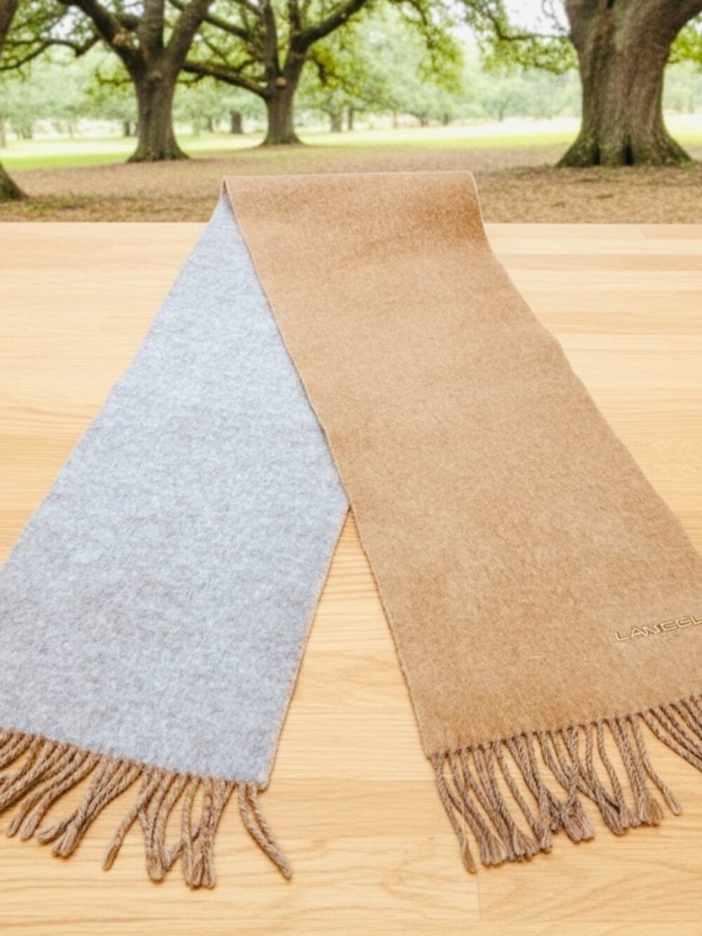 Lancel Paris   Reversible Wool Scaf 58"x10" Sand Beige  light gray Fringe(32 - Picture 6 of 13